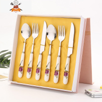 西餐餐具套装家用不锈钢牛排刀叉全套刀叉两件套刀叉勺三件套礼盒 敬平 紫玫瑰(2刀2叉2勺)礼盒装 [送牛排夹]