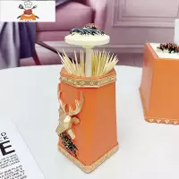 欧式牙签盒北欧ins家用餐客厅创意自动按压式个性牙签筒酒店 敬平 漱格橙鹿按压牙签盒