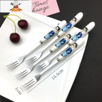 304不锈钢陶瓷长柄勺子网红勺卡通吃饭可爱儿童汤勺家用调羹汤匙 敬平 一家人爸爸水果叉5支装(410钢)