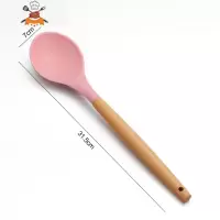 家用硅胶锅铲厨房炒菜铲子勺子不粘锅专用炒勺汤漏勺防烫厨具套装 敬平 木柄樱花粉[密勺]
