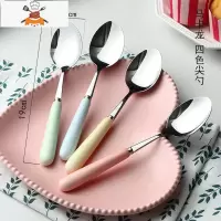 加厚不锈钢陶瓷柄马卡龙汤勺创意勺子家用可爱长柄调羹吃饭勺汤匙 敬平 马卡龙 尖勺(2支装)