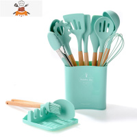 不粘锅专用硅胶厨具十二件套装家用烹饪汤勺子可高温木柄硅胶锅铲 敬平 森绿色