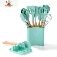 不粘锅专用硅胶厨具十二件套装家用烹饪汤勺子可高温木柄硅胶锅铲 敬平 森绿色