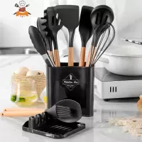 不粘锅专用硅胶厨具十二件套装家用烹饪汤勺子可高温木柄硅胶锅铲 敬平 黑色