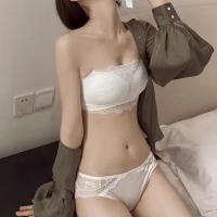 夏季白色无肩带内衣女大胸显小薄款无钢圈少女文胸套装聚拢抹胸式