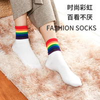 INS长袜女彩虹条纹中筒袜子学院风运动袜情侣女袜棉堆堆袜纯色潮