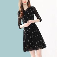 连衣裙女2020春季女装新款黑色碎花拼接雪纺连衣裙韩版时尚气质性感显瘦百搭中长款连衣裙子 图片色