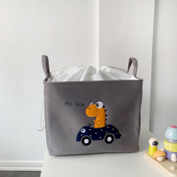 三层加厚帆布刺绣卡通图案带束口收纳箱书本储物箱儿童玩具收纳筐|汽车恐龙 长宽高40*30*30(cm)