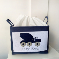 三层加厚帆布刺绣卡通图案带束口收纳箱书本储物箱儿童玩具收纳筐|工程车 长宽高40*30*30(cm)