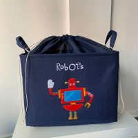 三层加厚帆布刺绣卡通图案带束口收纳箱书本储物箱儿童玩具收纳筐|红色机器人 长宽高40*30*30(cm)