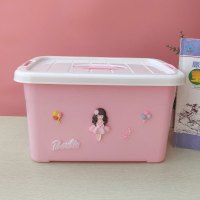 卡通收纳箱收纳盒塑料整理箱有盖加厚大小号 手提衣物玩具储物箱|粉色女孩 ()带轮子四件套