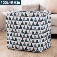 超大号衣物整理收纳神器布艺收纳盒整理箱衣服筐柜子整理袋子家用|100L-棉麻蓝三角 巨无霸束口收纳箱