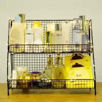 铁艺化妆品置物架桌面护肤品收纳盒北欧风格架子ins多层宿舍神器|晶莹黑大号带灯 2层
