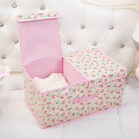 收纳箱布艺棉麻整理箱有盖储物盒子大号可折叠内衣盒家用衣服箱子|粉玫瑰 大号:50*30*25cm