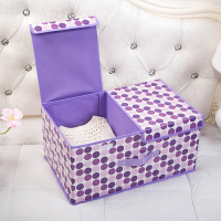 收纳箱布艺棉麻整理箱有盖储物盒子大号可折叠内衣盒家用衣服箱子|紫圆点 小号:36*25*16cm