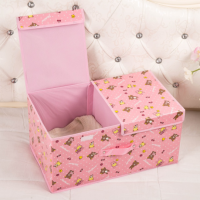 收纳箱布艺棉麻整理箱有盖储物盒子大号可折叠内衣盒家用衣服箱子|粉小熊 小号:36*25*16cm