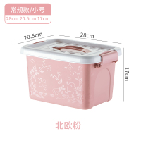 家用中小号收纳盒子储物盒塑料零食收纳箱学生宿舍衣|北欧粉小号[28*20.5*17cm] 印花提手款收纳箱[套装更优惠]