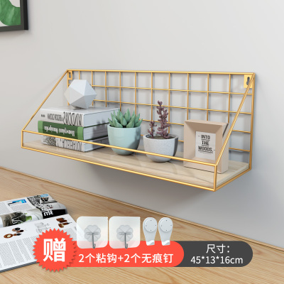 免打孔墙上置物架床头卧室墙壁挂架壁挂篮挂墙宿舍神器收纳架|[升级加固]带护栏土豪金大号[送2挂钩2无痕钉]