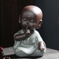 陶瓷汝窑茶宠创意摆件四不小和尚不说不看不听沙弥黑金沙茶盘配件|汝窑（不说）