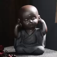 陶瓷汝窑茶宠创意摆件四不小和尚不说不看不听沙弥黑金沙茶盘配件|黑金沙(不听)
