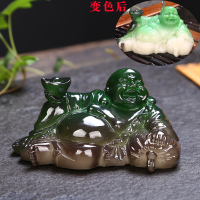 热水变色茶宠摆件弥勒佛卧佛茶玩精品可养茶盘茶台茶室茶具配件饰|笑佛(变绿玉色)