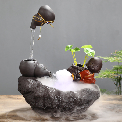 家居桌面小型客厅鱼缸水电视柜喷泉加湿器创意送礼陶瓷招财摆件|招财带雾化