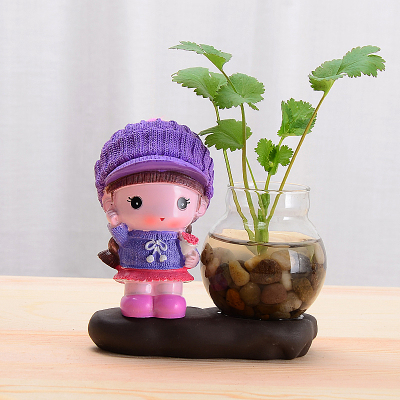 创意茶宠摆件小和尚水培花瓶茶水养植物禅意茶道茶玩茶宝茶具|紫色甜心女没植物
