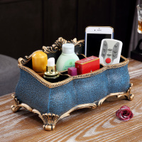 美式家用纸抽简约客厅遥控器收纳纸巾盒多功能抽纸盒创意茶几摆件|宝蓝色沙纹蓝4格收纳盒