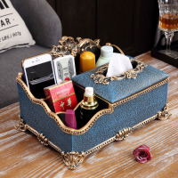 美式家用纸抽简约客厅遥控器收纳纸巾盒多功能抽纸盒创意茶几摆件|沙纹蓝三排纸巾盒