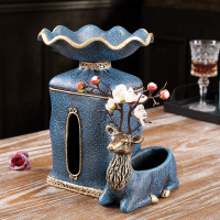 美式家用纸抽简约客厅遥控器收纳纸巾盒多功能抽纸盒创意茶几摆件|沙纹蓝麋鹿纸巾收纳盒A