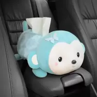 创意车载扶手箱纸巾盒卡通可爱车内多功能椅背挂式纸巾抽汽车用品|浅天蓝色猴子[有绑带家车两用]