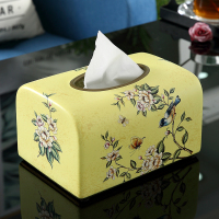 美式乡村陶瓷家用抽纸盒 欧式客厅餐厅装饰纸抽盒餐巾纸巾盒新中|花鸟蝶舞黄方形