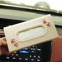 汽车遮阳板纸巾盒皮革车用抽纸盒套车载挂式镶钻可爱女纸巾夹|米白色白色珍珠渐变花