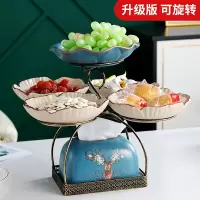 欧式多功能纸巾盒家用客厅茶几装饰美式餐桌抽纸盒遥控器收纳摆件|湖蓝金属架旋转五果盘+纸巾盒
