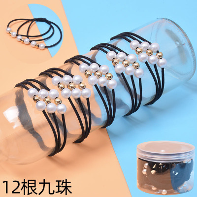 橡皮筋女扎头发绳韩国简约发圈黑色皮套加粗高弹力成人札头绳饰品|粉红色12根三绳九珠