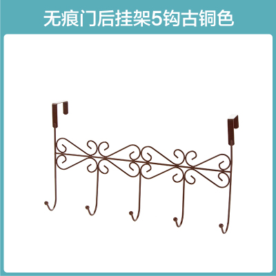 家用铁艺门后挂钩 免打孔门上衣帽置物架墙壁无痕衣服收纳挂架brj|五钩古铜色
