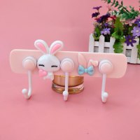 创意可爱卡通挂钩强力粘胶浴室免钉壁挂墙壁无痕粘钩厨房6连排钩|单排三钩(粉兔子)
