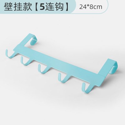 门后挂钩挂衣架卧室门免打孔衣服挂架无痕壁挂墙壁门上收纳置物架|橱柜门背式5连钩[北欧蓝]