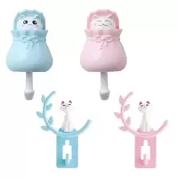 猫咪创意挂钩强力粘胶厨房可爱免打孔宿舍少女门口卡通钥匙扣粘钩|组合4个装:伸缩蓝粉+固定蓝粉