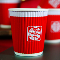 结婚纸杯加厚婚宴婚礼一次性大红杯子喜庆红纸杯水杯瓦楞防烫隔热|禧悦圆喜款【100只装】瓦楞款