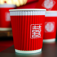 结婚纸杯加厚婚宴婚礼一次性大红杯子喜庆红纸杯水杯瓦楞防烫隔热|禧念方喜款[100只装]瓦楞款