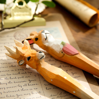 卡通可爱动物木雕笔 手工雕刻签字笔日常用品学生黑色中性笔0.5mm