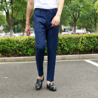 上东奢媛 夏季薄款英伦复古竖条纹九分小脚修身西裤 休闲西装裤男