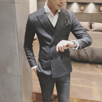 西服套装男双排扣英伦风结婚新郎礼服三件套修身韩版帅气潮流西装