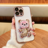 适用苹果14promax手机壳透明14彩珠熊支架13Pro软壳11卡通12硅胶