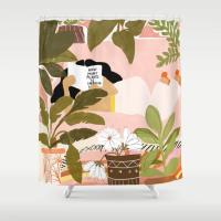 丛林阅读少女插画卫生间浴帘干湿分离隔断挡水洗澡防水帘浴室挂帘 三维工匠