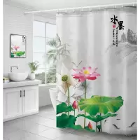 中式荷花卫生间浴室浴帘套装免打孔防水窗帘隔断帘淋浴挂帘 三维工匠