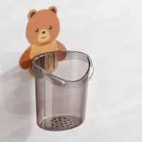 卫生间免打孔儿童牙刷牙膏置物架创意浴室壁挂可爱卡通梳子收纳架 三维工匠 小熊牙刷架(透明灰)
