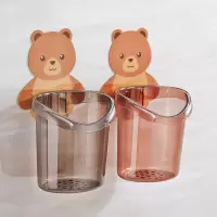 创意卡通儿童牙膏牙刷架置物架免打孔吸壁挂式可爱洗漱台收纳架 三维工匠 小熊牙刷架[透明灰+透明红]