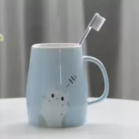 卡通洗漱杯刷牙杯情侣漱口杯可爱家用套装创意陶瓷牙刷杯牙缸带把 三维工匠 卡通款蓝粉一对+竹托盘刻字请备注